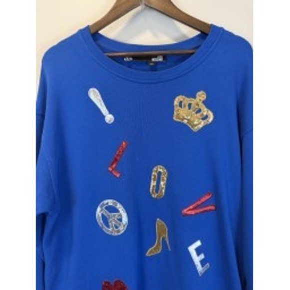RARE Love Moschino Cobalt Blue Multi Sequined Patch Sweatshirt Mini Dress Size 8 - Picture 6 of 6